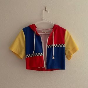 Cropped Checker & Color Block Winbreaker Hoodie